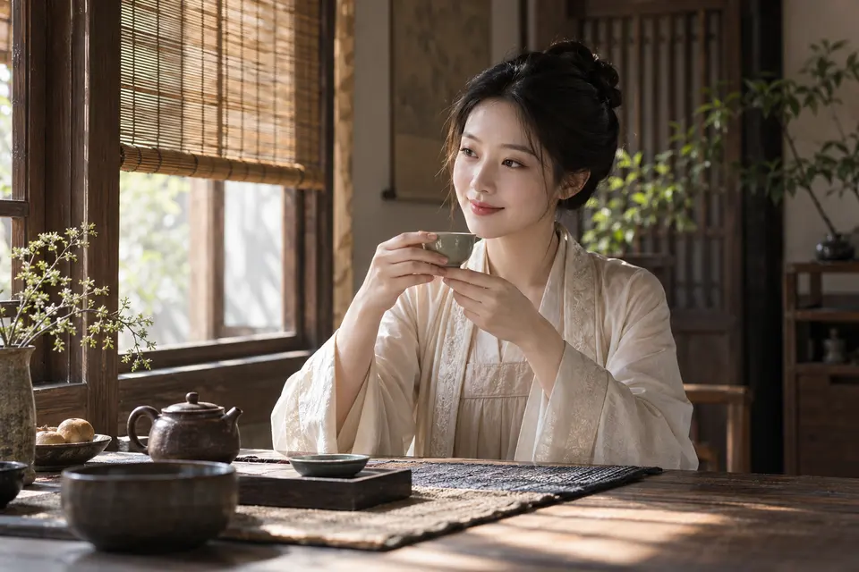 素衣茶席场景，传统服饰与茶艺布置