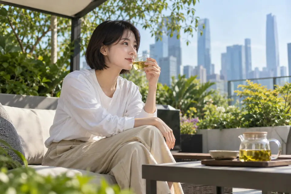 城市花园场景中的冷泡茶玻璃杯与茶席布置