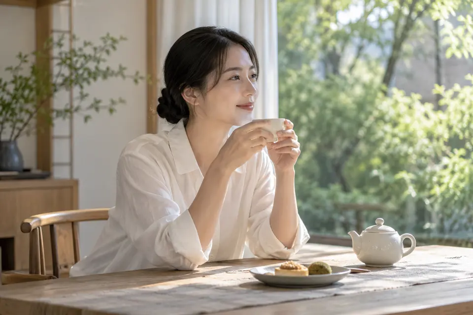 白衣女性茶点午后场景，白瓷茶具与茶点